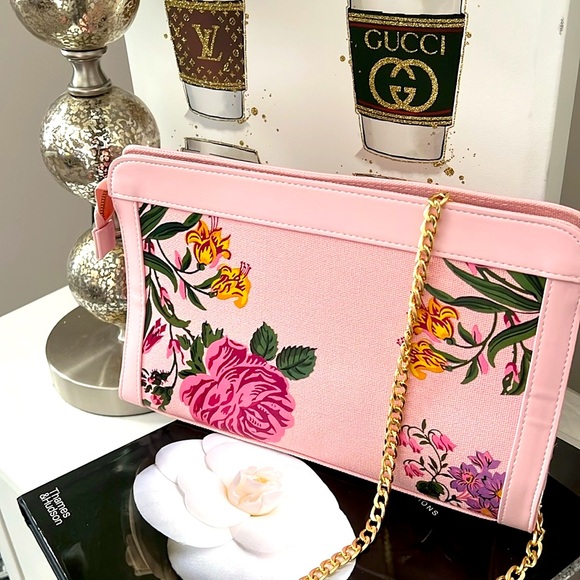 New👛✨💖Carolina Herrera Pink Floral Designer Clutch with Gold Chain Strap - Picture 4 of 16